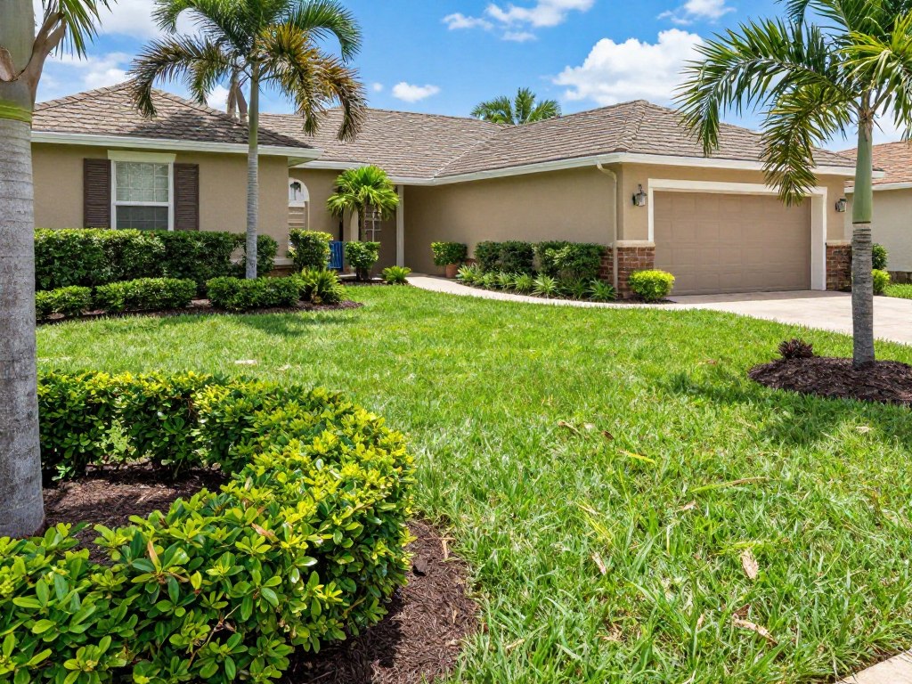 Well-maintained Cape Coral yard with trimmed bushes and mowed lawn Well-maintained Cape Coral yard with trimmed bushes and mowed lawn
