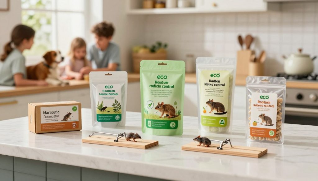A clean and inviting kitchen countertop, featuring a variety of safe rodent control products displayed neatly. In the foreground, focus on eco-friendly traps and natural repellents in attractive packaging, emphasizing child and pet safety with labels showcasing their non-toxic ingredients. The middle ground has a cozy kitchen setting with a family dog resting nearby, creating a sense of security. In the background, a bright window lets in warm natural light, enhancing the homey atmosphere. The scene conveys a feeling of safety and assurance, with soft shadows and a slightly blurred depth of field, creating a peaceful, trusting environment where families can feel confident in their rodent control choices.
