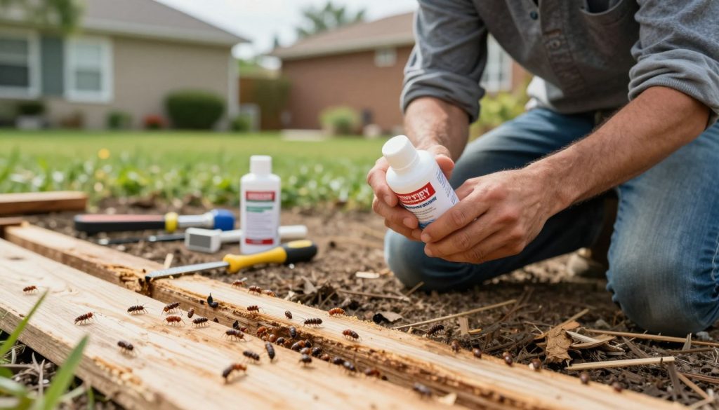 A close-up of a frustrated homeowner in a suburban backyard, kneeling on the ground beside an area of wood damage, holding a half-empty DIY termite treatment bottle. In the foreground, a detailed view of the damaged wood shows active termites scurrying, conveying a sense of urgency and concern. In the middle ground, a few scattered tools and additional unopened DIY termite products hint at the failed attempts to solve the problem. The background features a well-kept garden contrasted with the devastation of the infested area, under soft, natural sunlight that enhances the mood of disappointment and realization. The scene is shot from a low angle to emphasize the homeowner’s anguish and the severity of the termite damage.