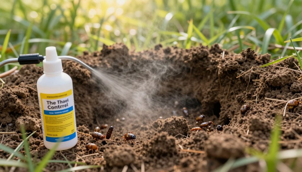 A close-up scene showing termite control products being applied at the entrance of an active termite colony in soil. In the foreground, focus on a bottle of liquid pesticide with a bright label and a sprayer, positioned next to a mound of damp earth, revealing the intricate tunnel structures of the colony. In the middle ground, a cloud of fine mist disperses around the product, blending seamlessly into the soil, emphasizing its reach. The background features lush green grass and soft, dappled sunlight filtering through the leaves, casting a warm, inviting glow. The overall mood is informative yet serene, illustrating an ecological approach to pest management. The angle is slightly tilted, drawing the viewer’s eye towards the products as they interact with the colony.