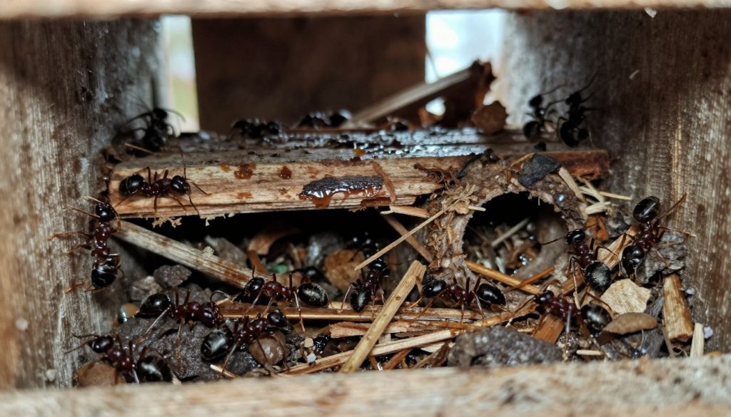 A close-up view of a carpenter ant nesting area within a wooden structure, showcasing intricate tunnels and chambers filled with shredded wood. The foreground captures a detailed perspective of the ants actively working, surrounded by dark, moist areas indicating water damage. In the middle ground, include damp, decaying wood fibers and a small, visible water source suggesting moisture intrusion. The background features a blurred, slightly illuminated environment, creating an ominous yet fascinating atmosphere. Use soft, diffused lighting to highlight the texture of the wood and the glossy sheen of moisture. Capture the scene from a low angle to emphasize the nesting structure and the surrounding damage, conveying the urgency of addressing this infestation.