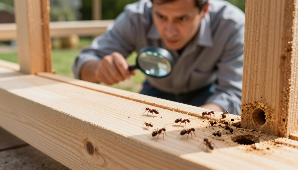 A close-up view of a wooden structure showing signs of a carpenter ant infestation. In the foreground, detailed images of carpenter ants crawling on the wood. Visible to the right, small tunnels and exit holes indicating their nesting activity. The middle ground features a homeowner inspecting the wood with a magnifying glass, dressed in a professional work shirt and jeans, looking concerned yet focused. The background subtly hints at a garden, symbolizing the outdoor environment, with soft, natural sunlight illuminating the scene, creating clear shadows that enhance the textures of the wood and ants. The overall mood conveys urgency and vigilance, capturing the essence of pest control in a domestic setting.