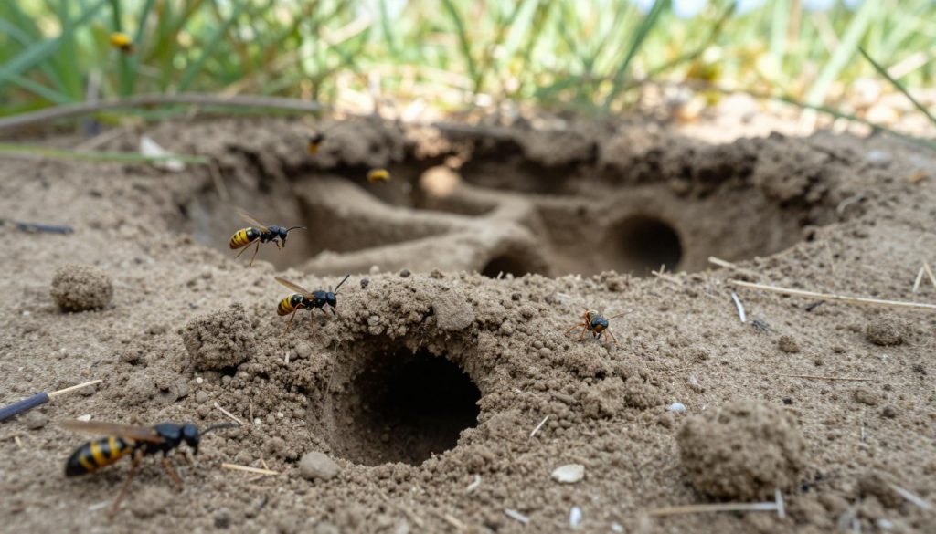 A close-up view of an underground cicada killer wasp nest, situated in sandy soil. In the foreground, show the entrance of the nest, slightly disturbed with small piles of earth surrounding it. Include a few cicada killer wasps hovering nearby, their distinctive black and yellow striped bodies clearly visible. In the middle ground, depict a cross-section of the nest, revealing a labyrinth of tunnels and chambers. The background should contain soft-focus grass and shrubs, with dappled sunlight filtering through the leaves, creating a warm, inviting atmosphere. Use natural lighting to enhance the details, and capture the scene from a low angle to emphasize the nest's entrance and its surroundings. The mood should convey curiosity and the beauty of nature, showcasing the nest in its habitat.