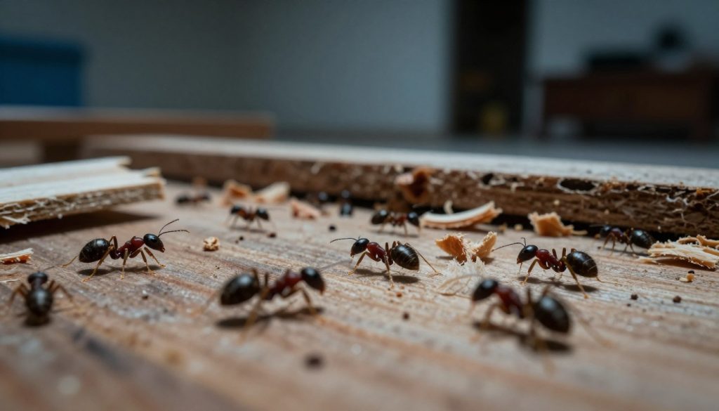 A close-up view of signs indicating a carpenter ant infestation, highlighting key features like scattered wood shavings and small, dark carpenter ants crawling on wooden surfaces. The foreground showcases the ants in detail, with intricate body textures and their characteristic segmented bodies. In the middle ground, there are visible signs of wood damage, such as small holes and frass piles, along with the remnants of wooden structures. The background features a blurred interior of a home, with subtle lighting creating a slightly ominous atmosphere. The image is taken with a macro lens to enhance the detail, and cool lighting emphasizes the wood textures and tiny ants, evoking a sense of urgency and concern about pest control.