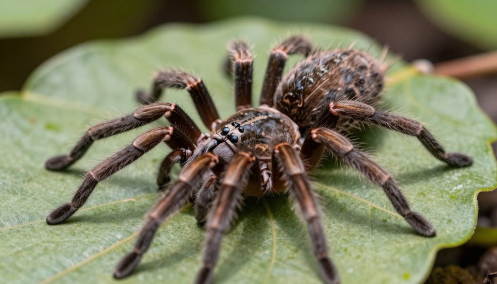 A detailed close-up of a wolf spider resting on a textured leaf, showcasing its distinctive features such as large, hairy legs and patterned abdomen. The foreground highlights the spider's intricate details, including its eight eyes and fangs, with soft, natural light illuminating its body to enhance the textures. In the middle ground, additional foliage and a blurred background hint at a natural habitat, creating depth. The atmosphere is calm and informative, perfect for educational purposes. The angle captures the spider at eye level, emphasizing its size and characteristics without distortion. The overall mood is scientific and educational, inviting viewers to learn more about wolf spider identification. A detailed close-up of a wolf spider resting on a textured leaf, showcasing its distinctive features such as large, hairy legs and patterned abdomen. The foreground highlights the spider's intricate details, including its eight eyes and fangs, with soft, natural light illuminating its body to enhance the textures. In the middle ground, additional foliage and a blurred background hint at a natural habitat, creating depth. The atmosphere is calm and informative, perfect for educational purposes. The angle captures the spider at eye level, emphasizing its size and characteristics without distortion. The overall mood is scientific and educational, inviting viewers to learn more about wolf spider identification.