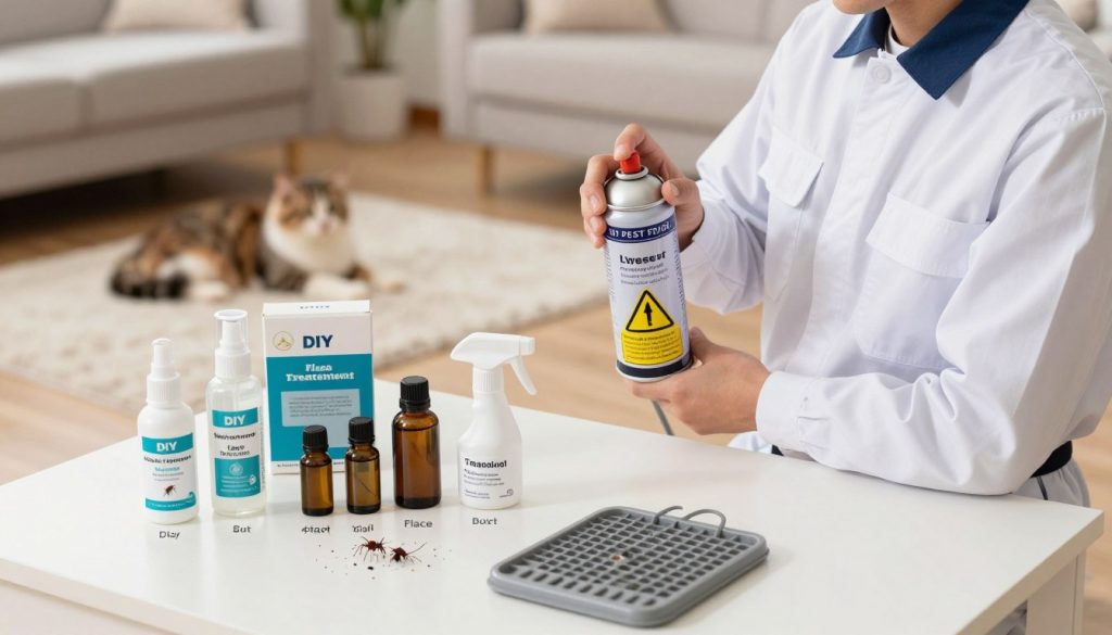 A detailed comparative visual of DIY flea treatments versus professional pest control methods. In the foreground, display an organized table with various DIY flea treatment products such as natural sprays, essential oils, and flea traps, all neatly labeled. In the middle ground, showcase a professional pest control technician in a crisp uniform, holding a spray canister with caution signs visible, emphasizing their expertise. In the background, depict a cozy living room setting, with a family pet (like a cat or dog) comfortably resting on a plush rug, illustrating the home environment affected by fleas. Soft, ambient lighting creates a warm and informative atmosphere, capturing a moment of decision-making on pest control methods, from a slight overhead angle to provide depth and clarity.