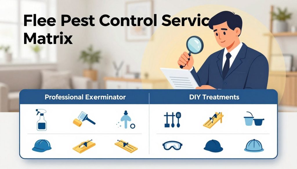 A detailed illustration of a "Flea Pest Control Service Matrix" set against a clean and functional backdrop. In the foreground, display a professional-looking table with two columns labeled "Professional Exterminator" and "DIY Treatments." Each cell features simple icons representing various treatments and tools like spray bottles, traps, and safety gear, designed with a modern aesthetic. In the middle ground, add an illustration of a qualified pest control technician in business attire, examining a treatment plan with a magnifying glass, under warm, inviting lighting. The background should feature a subtle home environment, symbolizing where treatments are applied. The overall mood is informative and professional, showcasing effective pest control solutions. The angle should be slightly elevated, providing a comprehensive view of the matrix.