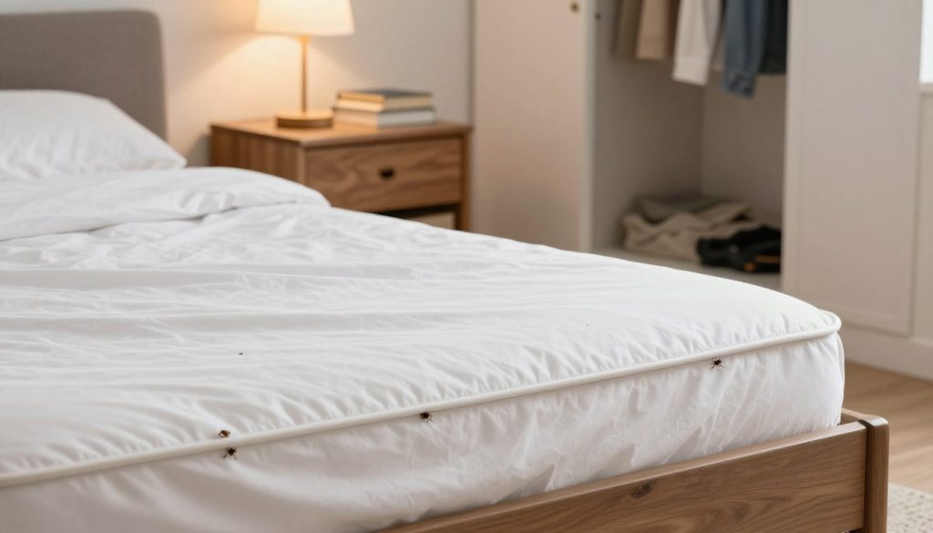 A detailed illustration of common hiding spots for bed bugs in a cozy bedroom setting. In the foreground, a neatly made bed with crisp white sheets, exposing the edges where bed bugs might lurk, including the seams of the mattress. In the middle ground, a wooden nightstand with small gaps, a stack of books, and a table lamp casting warm light, showcasing concealed areas where bed bugs could hide. In the background, a slightly open closet with clothes hanging, and scattered clutter that suggests possible infestation spots. The lighting is soft and inviting, creating a contrast with the unsettling notion of bed bugs. The overall mood should evoke a sense of awareness and caution while maintaining a clean and tidy appearance.
