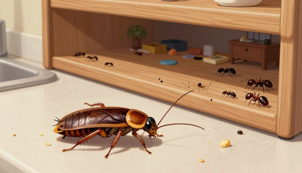A detailed illustration showcasing common household pests found in Cape Coral, such as cockroaches, termites, ants, and bedbugs. In the foreground, depict a close-up of a cockroach crawling on a kitchen countertop, with visible food crumbs nearby. In the middle ground, include warning signs like droppings and small tunnels made by termites in wooden beams. In the background, illustrate a cluttered living space emphasizing places where these pests might hide, like under the sink or behind furniture. Use soft, natural lighting to create a realistic indoor atmosphere. The mood should be slightly unsettling yet informative, highlighting the importance of pest awareness and encourage viewers to take prevention measures. No text or watermarks.
