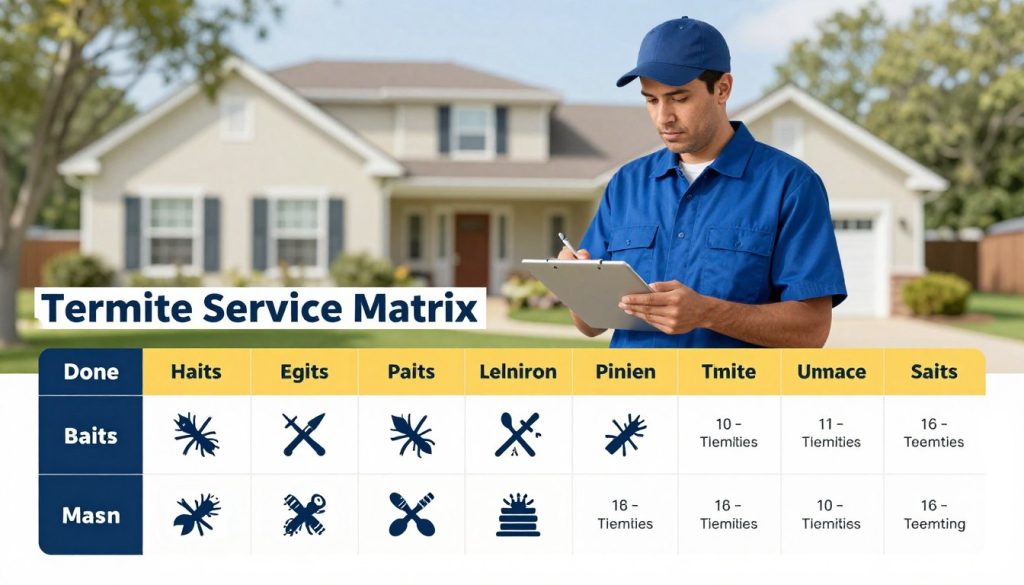 A detailed infographic illustrating a "Termite Service Matrix" designed for homeowners and property managers. In the foreground, showcase a clear, organized grid that outlines various termite treatment intervals, color-coded for effectiveness and duration. Use icons representing different termite control methods, such as baits and liquid treatments, alongside corresponding timeframes. In the middle ground, depict a well-composed image of a professionally dressed pest control technician inspecting a property with tools in hand, emphasizing a sense of authority and expertise. The background should include a subtle, soft-focus illustration of a residential home surrounded by trees, conveying a peaceful suburban atmosphere. Natural lighting creates a bright, informative scene, enhancing clarity while keeping the overall mood professional and educational.
