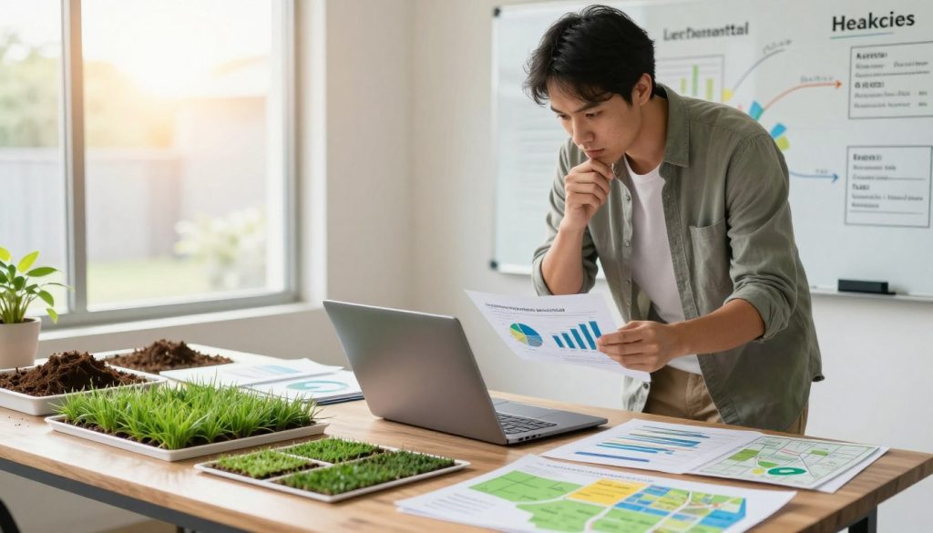 A detailed scene depicting local lawn care market research. In the foreground, a professional business person in modest casual clothing stands confidently, analyzing charts and graphs on a laptop. Their thoughtful expression conveys deep concentration and insight. In the middle ground, a large table is cluttered with green lawn samples, soil tests, and localized maps highlighting competition locations. Bright sunlight streams through a window, creating a warm, inviting atmosphere that suggests a productive workspace. In the background, a whiteboard is filled with strategic marketing ideas and client demographics, adding depth to the research theme. The overall mood is focused, analytical, and determined, reflecting the importance of understanding the market and competition in the lawn care industry.