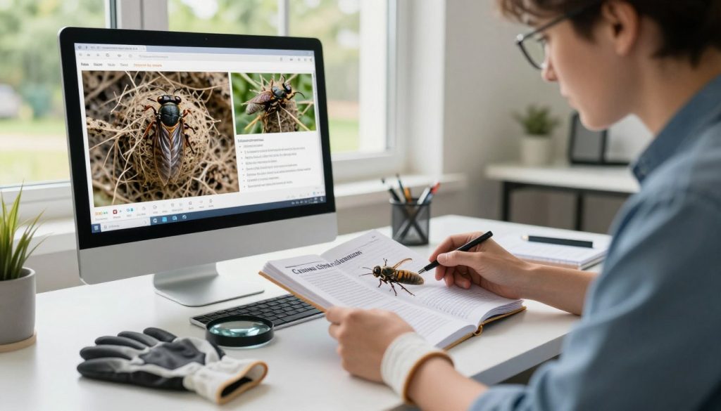 A detailed scene illustrating the process of assessing risks related to cicada killer wasps, focusing on a professional environment. In the foreground, a clean, organized desk with a magnifying glass, field guide on wasp species, and protective gloves. A researcher in smart casual attire examines the guide intently, jotted notes beside him. In the middle ground, a computer screen displays images and data analytics of cicada killer wasp nests, conveying the importance of data in risk assessment. The background shows a sunny day through a window, with a view of a garden where cicada killers may be present, emphasizing an outdoor context. Soft, natural light fills the space to evoke a serious yet calm atmosphere, suitable for thoughtful examination and decision-making.