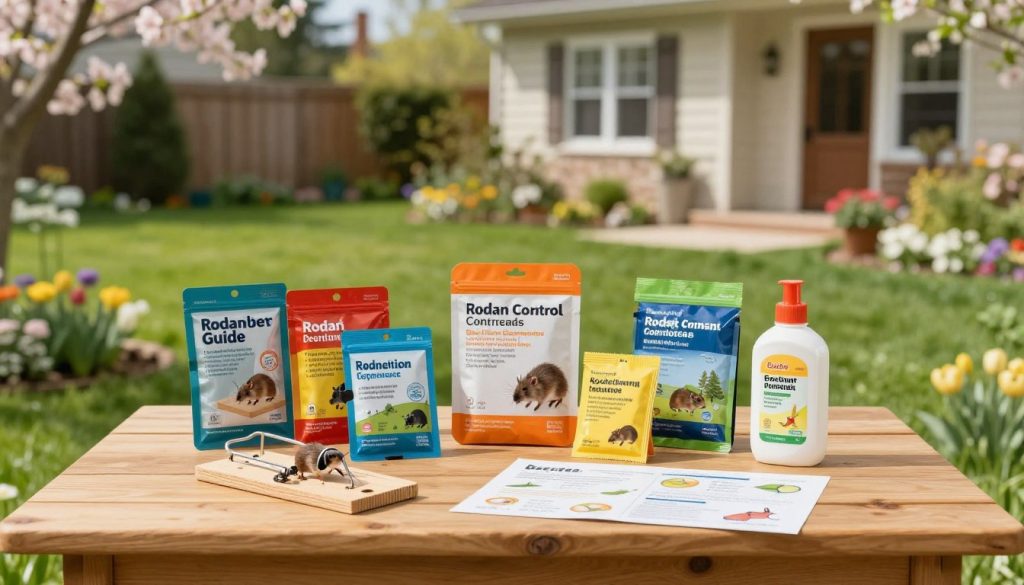 A detailed seasonal rodent control guide featuring a serene backyard setting in early spring. In the foreground, a well-organized wooden table displays various rodent control products like traps, baits, and repellents in vibrant packaging, accompanied by illustrated seasonal tips on prevention. The middle ground showcases fresh green grass and a blooming flower bed, emphasizing a clean and tidy environment. In the background, a soft-focus view of a cozy home with a well-maintained garden illustrates a safe space from potential rodent intrusions. The lighting is bright and natural, suggesting a sunny day, with a warm atmosphere that conveys a sense of hope and preparedness. The scene captures the essence of proactive rodent prevention, ideal for the section’s focus.