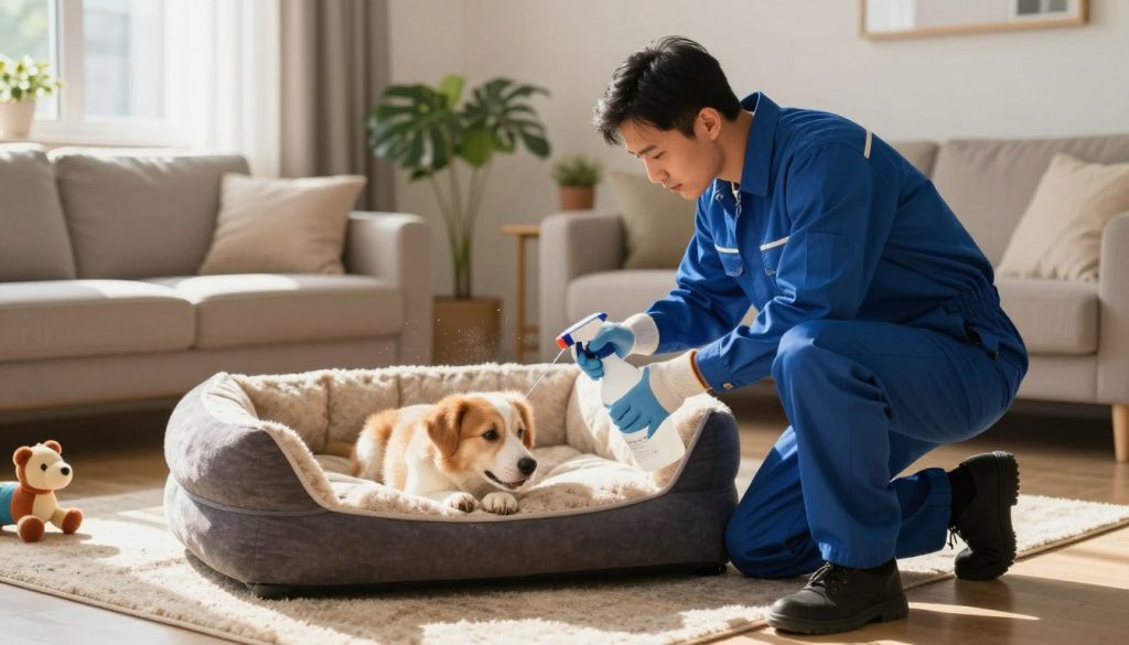 A professional pest control technician in a clean, modern living room setting, wearing a blue uniform and safety gloves, expertly applying a flea treatment solution around a large, plush dog bed. In the foreground, the technician is focused on a spray nozzle, demonstrating precision and care. In the middle ground, the dog bed is surrounded by pet toys and a warm, inviting rug. The background shows a well-lit room with a cozy atmosphere, featuring a couch and decorative indoor plants. Natural sunlight streams through a window, casting soft shadows that enhance the space's warmth, while a slight depth of field effect directs attention to the technician, emphasizing the professional nature of the flea control treatment process.