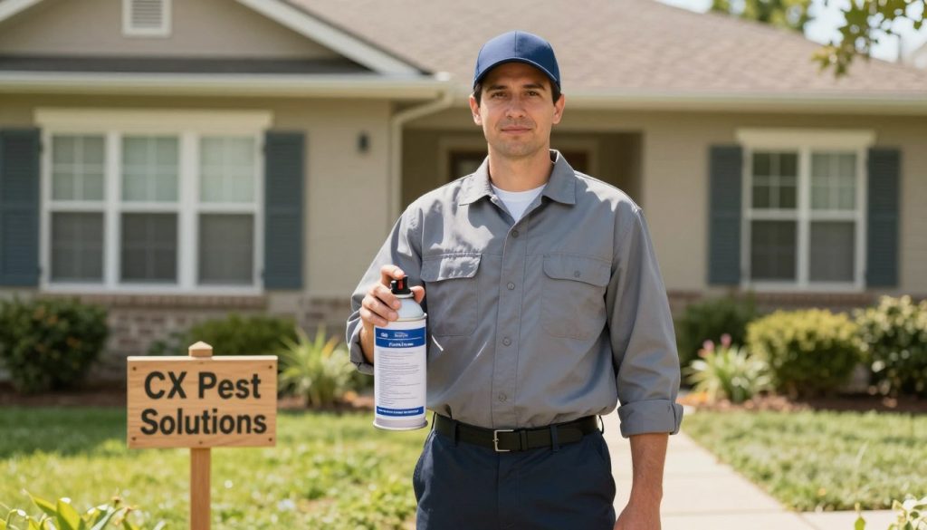 A professional pest control technician in a clean, well-maintained uniform stands confidently at the forefront, holding a pest control spray canister. The background features a suburban home with a well-tended garden, illustrating a safe, family-friendly environment. To the side, a small wooden sign reads "CX Pest Solutions," clearly visible but without text overlays. The lighting is bright and inviting, suggesting a sunny day, with soft shadows enhancing the technician's presence. The angle is slightly low, creating a sense of authority and expertise. The mood is reassuring and professional, reflecting trust and effective service in roach control, with a focus on local community engagement through imagery.