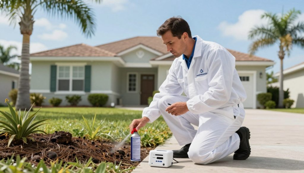 A professional pest control technician in a crisp, branded uniform kneeling beside a home in Cape Coral, inspecting for pests around the foundation. The foreground features tools of the trade, such as a spray can and a monitoring device, indicating an active service. In the middle ground, the well-maintained home shows typical Cape Coral architecture, with palm trees swaying gently in the breeze. The background presents a clear blue sky, suggesting a sunny day, enhancing the proactive nature of pest control services. Soft, natural lighting illuminates the scene, creating a welcoming and trustworthy atmosphere. The focus is sharp on the technician and the immediate area, while the home subtly conveys the importance of pest management in local properties.
