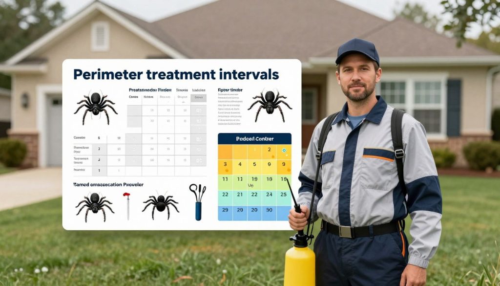 A professional pest control technician in a smart uniform is standing next to a large, detailed infographic showcasing "perimeter treatment intervals" for spider control, particularly targeting wolf spiders. The background features a serene suburban home with a manicured lawn, emphasizing safety and cleanliness. The middle ground highlights the infographic, which includes clear visuals of prevention strategies, tools used for pest control, and a calendar layout in vibrant colors. The foreground shows the technician holding pest control equipment, such as a sprayer and inspection tools, with a confident, approachable demeanor. Soft, natural lighting illuminates the scene and conveys professionalism and expertise in home pest management. A professional pest control technician in a smart uniform is standing next to a large, detailed infographic showcasing "perimeter treatment intervals" for spider control, particularly targeting wolf spiders. The background features a serene suburban home with a manicured lawn, emphasizing safety and cleanliness. The middle ground highlights the infographic, which includes clear visuals of prevention strategies, tools used for pest control, and a calendar layout in vibrant colors. The foreground shows the technician holding pest control equipment, such as a sprayer and inspection tools, with a confident, approachable demeanor. Soft, natural lighting illuminates the scene and conveys professionalism and expertise in home pest management.