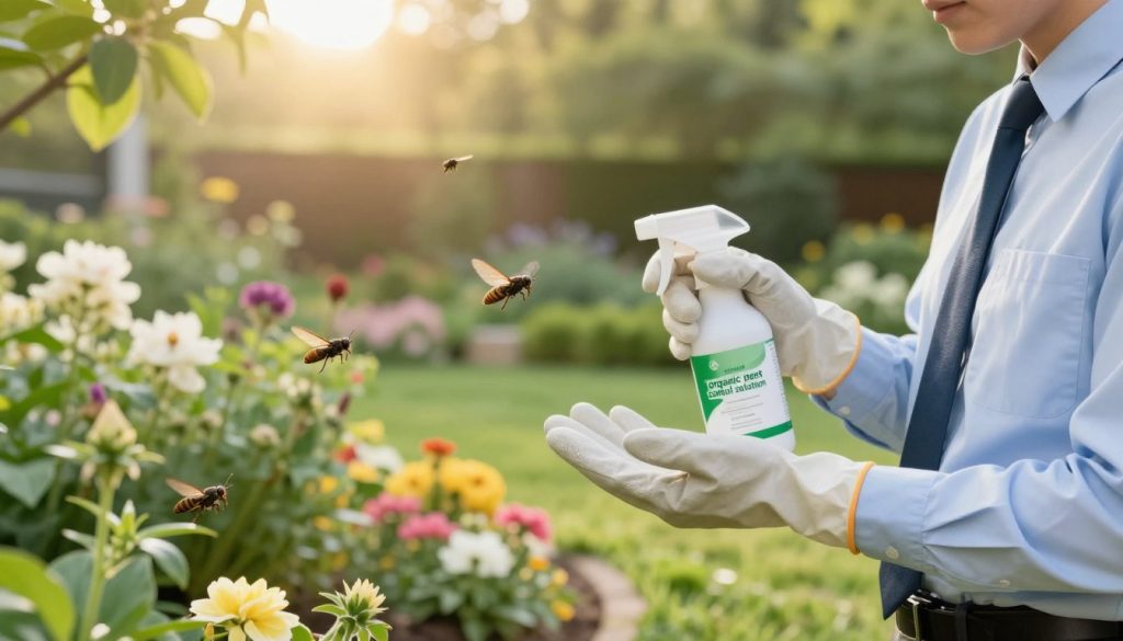 A serene outdoor setting focused on a well-maintained garden area, showcasing a safe approach to cicada killer wasp control. In the foreground, a professional in neat business attire is attentively studying a pair of protective gloves and a spray bottle labeled 'organic pest control solution', symbolizing effective management without harm. The middle ground features a variety of blooming flowers and plants, illustrating a healthy ecosystem, while a few cicada killer wasps can be seen hovering nearby, their distinctive form captured in detail. In the background, a gentle sunlight filters through leafy trees, creating a warm and inviting atmosphere. The image conveys a sense of peace and responsibility, emphasizing safety and ecological balance, with a soft focus for a calming effect.