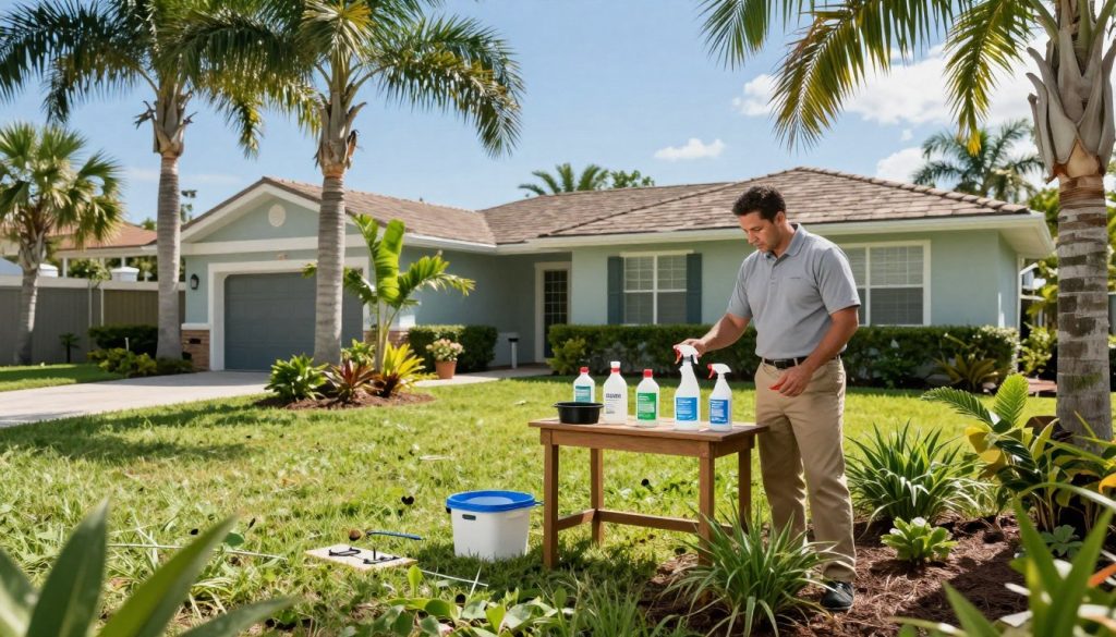 A serene, sunny day in Cape Coral, showcasing a typical residential backyard with lush green grass and tropical plants. In the foreground, a professional pest prevention technician, dressed in a neat polo shirt and khaki pants, is applying natural pest repellents to a garden area, demonstrating proper seasonal pest prevention techniques. The middle ground features various pest prevention tools, such as traps and organic solutions, neatly arranged on a wooden table. The background presents a vibrant, inviting home with palm trees swaying gently in the breeze, under a clear blue sky, promoting a sense of safety and tranquility. Soft natural lighting enhances the inviting atmosphere, while a slight tilt-angle adds depth and engagement to the scene.