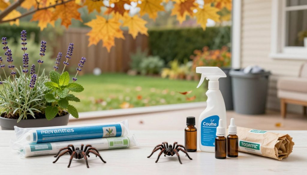 A visually engaging composition highlighting seasonal prevention tips to keep wolf spiders away. In the foreground, a clean, organized home environment featuring neatly placed prevention items such as essential oils, insect repellent sprays, and sealing materials. The middle ground shows a well-maintained garden area with natural deterrents like lavender and mint, along with proper waste disposal bins. In the background, a serene scene of changing seasons, with autumn leaves falling, suggesting a transition that encourages pest prevention. Soft, natural lighting creates a warm atmosphere, enhancing the home's welcoming feel while subtly emphasizing the importance of cleanliness and safety. The image should evoke a sense of tranquility and preparedness, inviting viewers to reflect on practical strategies for pest prevention. A visually engaging composition highlighting seasonal prevention tips to keep wolf spiders away. In the foreground, a clean, organized home environment featuring neatly placed prevention items such as essential oils, insect repellent sprays, and sealing materials. The middle ground shows a well-maintained garden area with natural deterrents like lavender and mint, along with proper waste disposal bins. In the background, a serene scene of changing seasons, with autumn leaves falling, suggesting a transition that encourages pest prevention. Soft, natural lighting creates a warm atmosphere, enhancing the home's welcoming feel while subtly emphasizing the importance of cleanliness and safety. The image should evoke a sense of tranquility and preparedness, inviting viewers to reflect on practical strategies for pest prevention.