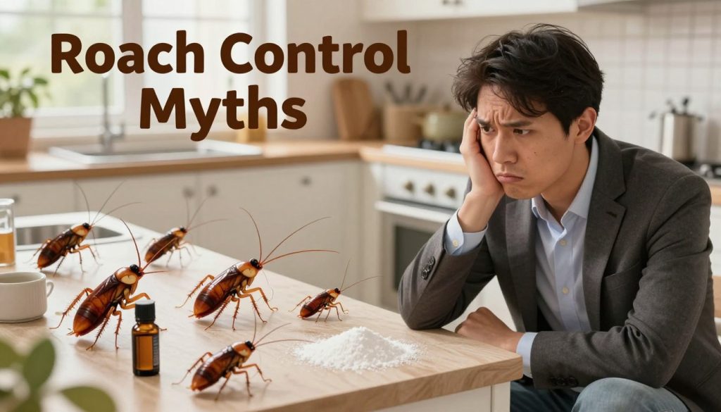 A visually engaging illustration depicting the theme of "Roach Control Myths." In the foreground, a confused homeowner in professional business attire examines a variety of common household items like baking soda, essential oils, and a cluttered kitchen corner, symbolizing ineffective roach control myths. In the middle, an assortment of realistic, cartoonish roaches scuttling around these items, showcasing their indifference to the supposed remedies. In the background, a kitchen setting filled with natural light, emphasizing an inviting atmosphere, yet hinting at the chaos of pest issues. Use warm, soft lighting to create a sense of frustration mixed with hope. The perspective should be slightly overhead, allowing for a clear view of the interaction between the myths and the roaches.