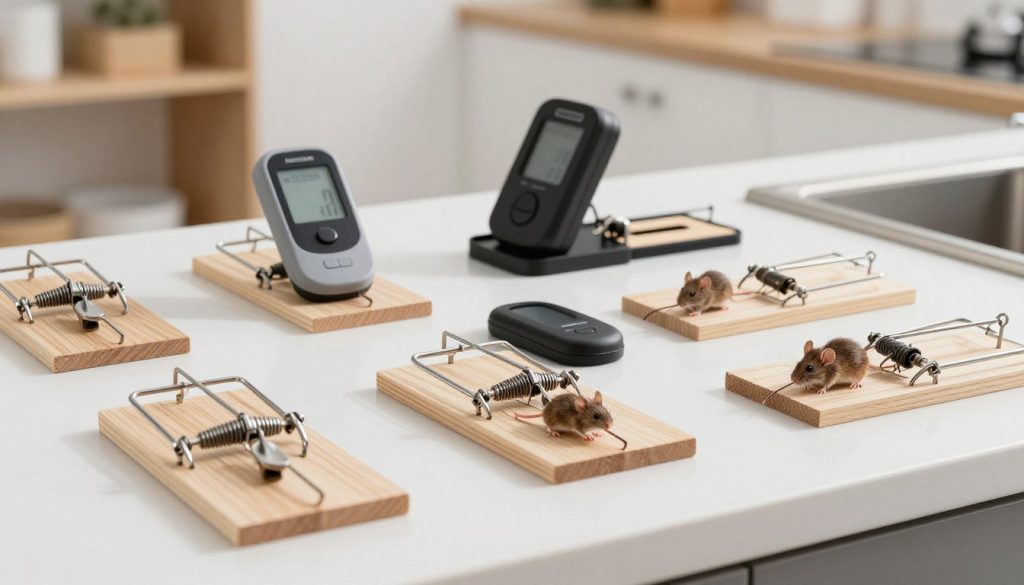 A well-designed display of professional rodent traps suitable for both mice and rats. In the foreground, showcase a variety of innovative traps, including snap traps, electronic traps, and catch-and-release traps, made from durable materials with sleek, modern designs. The middle ground features a clean, organized workspace or a kitchen setting, emphasizing safety and effectiveness in rodent control. In the background, incorporate subtle hints of a home environment, like shelves or cabinets, to create context. Use bright, natural lighting to enhance visibility and detail, simulating a clear and informative atmosphere. Capture the image from a slightly elevated angle to provide depth, focusing on the traps while keeping the surrounding area uncluttered and relevant. Aim for a professional and educational mood that conveys reliability in rodent control solutions.