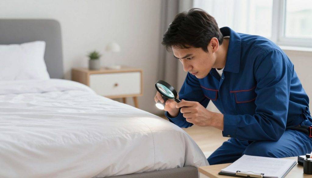 A well-dressed pest control professional in a clean, modern living room, inspecting the seams of a bed with a flashlight, looking focused and attentive. The foreground features the inspector holding a magnifying glass, highlighting the importance of thorough examination. In the middle, a neatly made bed with fresh linens and a stylish bedside table, evoking a sense of comfort. The background shows soft, natural light filtering in through a window, enhancing the professional atmosphere. The mood is serious yet hopeful, capturing the essence of diligence in preventing bed bug infestations. A few subtle details, like a notepad with notes and equipment for inspection on the table, add depth to the scene.