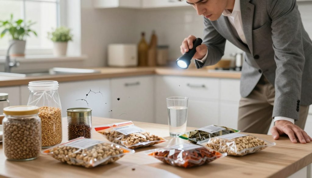 A well-lit kitchen inspection scene showcasing various food items, water sources, and potential shelter areas for pests. In the foreground, a variety of food packages are spread out for examination, including grains, canned goods, and spices, some with labels clearly visible. A glass of water sits nearby, symbolizing available moisture. In the middle ground, a focused individual, dressed in smart casual attire, meticulously inspects cabinets and countertops with a flashlight, revealing potential entry points such as tiny gaps and cracks in walls. The background features a clean, organized kitchen with plants on windowsills, emphasizing a safe environment. Soft, natural lighting enhances the scene, creating a mood of awareness and thoroughness in pest inspection. Use a slightly angled perspective to add depth to the image, highlighting both the inspection process and the environment.