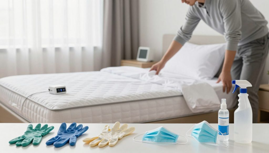 A well-organized bedroom setting showcasing preparations for safe bed bug treatment. In the foreground, a neatly arranged array of protective gear, including gloves, masks, and insecticide spray, displayed on a clean, clutter-free surface. The middle ground features a freshly made bed with crisp white sheets, a zipper-sealed mattress encasement, and a pest detection monitor on the pillow. In the background, soft, natural light filters through sheer curtains, creating a bright, welcoming atmosphere. A professional in modest casual clothing is gently inspecting bed corners and furniture, embodying a calm, methodical approach to treatment. The overall mood is focused, reassuring, and informative, emphasizing safety and preparedness in the fight against bed bugs.