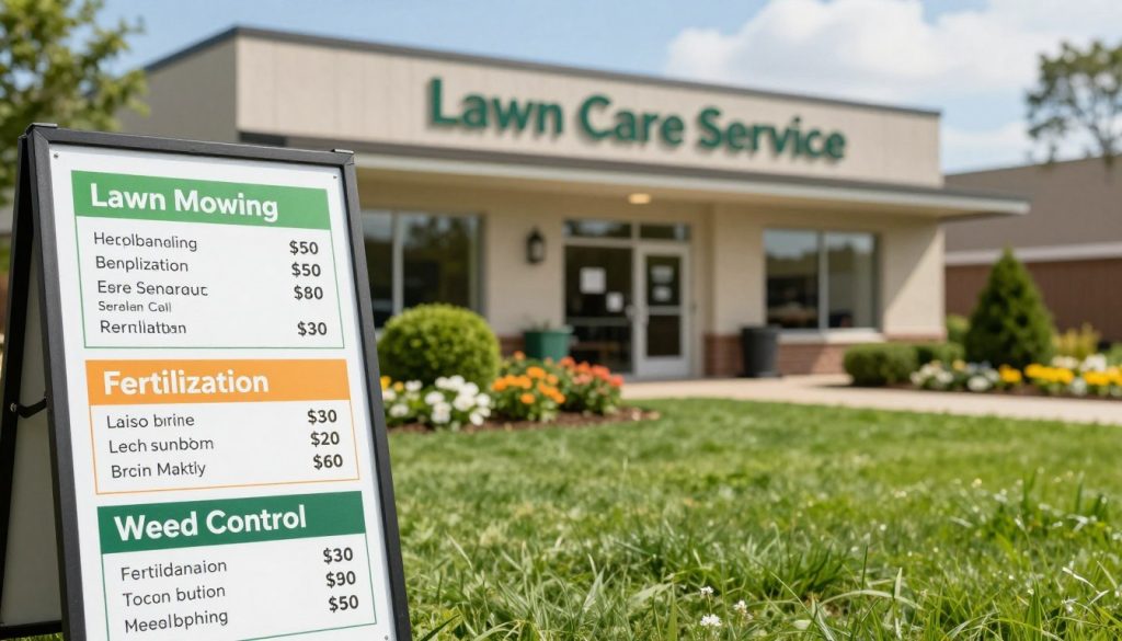 A well-organized lawn care service storefront, showcasing a variety of services and pricing options. In the foreground, a neatly arranged display board with colorful service listings such as "Lawn Mowing," "Fertilization," and "Weed Control," each with clear, attractive pricing. The middle ground features an inviting lawn with vibrant green grass, fresh flower beds, and neatly trimmed bushes, suggesting a professional atmosphere. In the background, a subtle blur of a bright blue sky and soft clouds adds depth. Soft, natural lighting illuminates the scene, creating a welcoming mood. The angle captures the storefront slightly from above, emphasizing the clarity of service offerings and the beauty of a well-maintained garden.