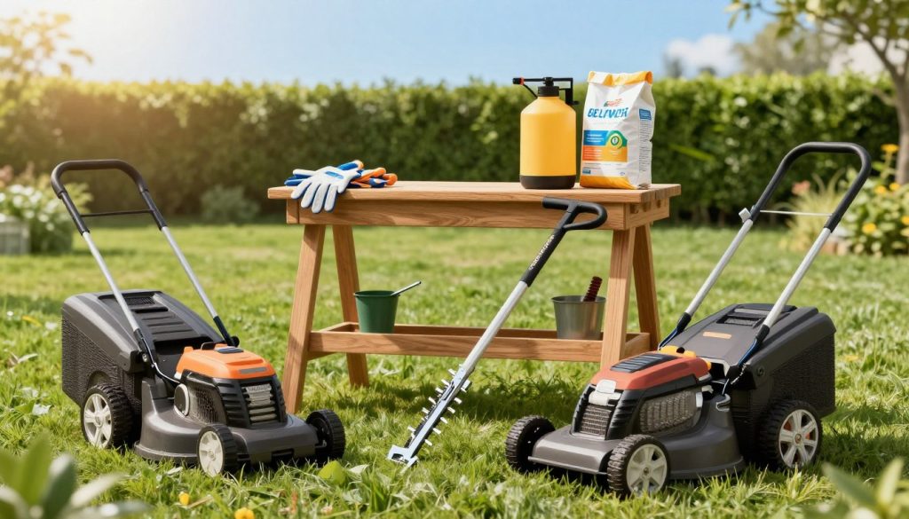 Essential lawn care equipment, including a mower, string trimmer, blower, pruning shears, gloves, sprayer, and fertilizer bags arranged in a professional workspace